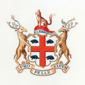Coat of arms with a red cross and four beavers in each corner, flanked by two upright elk and a fox above