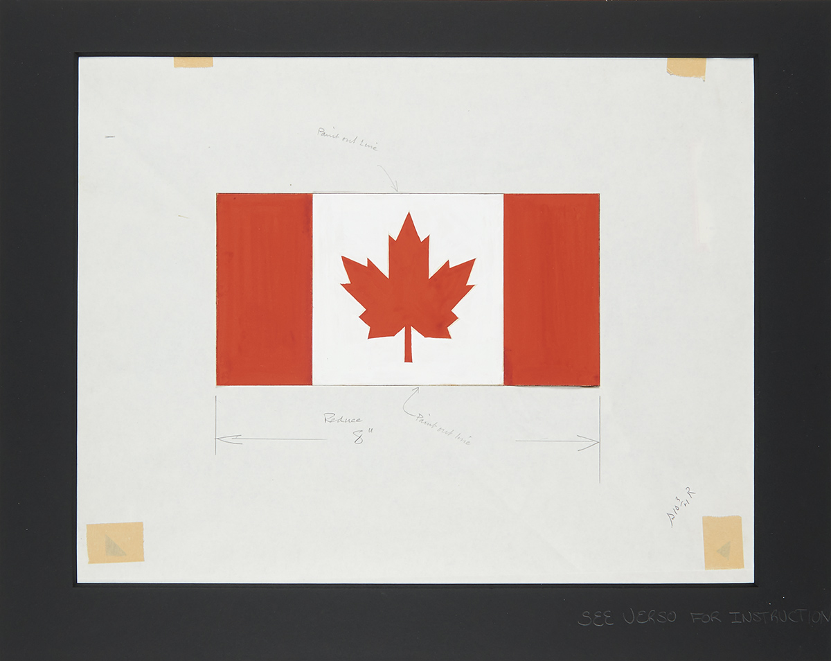 A black and white drawing of a Canadian flag displayed in the Canadian Museum of History in Ottawa.