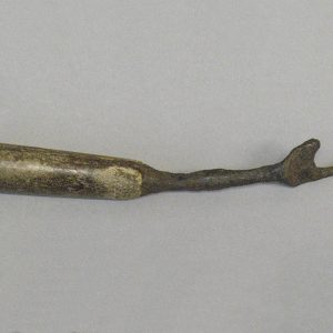 Metal fork with a wooden handle and two prongs, one broken