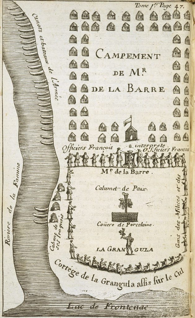 Old map of Governor de La Barre’s camp, with canoes lined up along the river and small figures negotiating