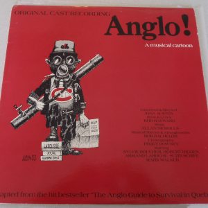 Red album sleeve with a cartoon drawing of a figure in a gas mask, Canadiens jersey, Expos hat and cargo pants, carrying a bazooka, standing on French dictionaries and carrying a map of Ville d’Anjou