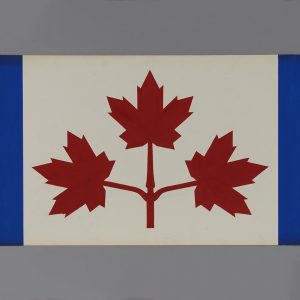 Flag design with thin blue borders on either side and three red maple leaves in the centre