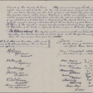 Document with writing in script, eight signatures and six marks