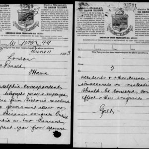 Telegram from Canadian diplomat Sir Alexander Tilloch Galt to Prime Minister Sir John A. Macdonald