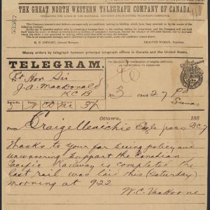 Telegram to Prime Minister Sir John A. Macdonald announcing the completion of the railway