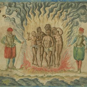 Drawing of men standing in a fire