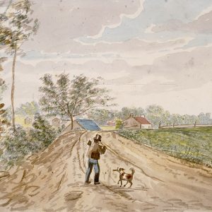 A man and dog walking on a road