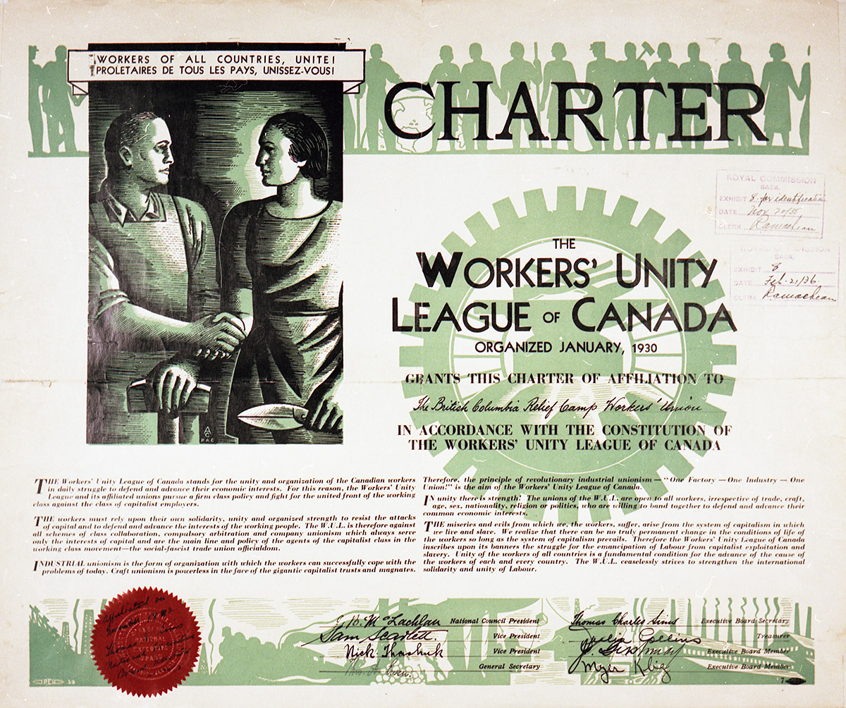 A certificate for the workers union league of Canada, located in Ottawa at the Canadian Museum of History.