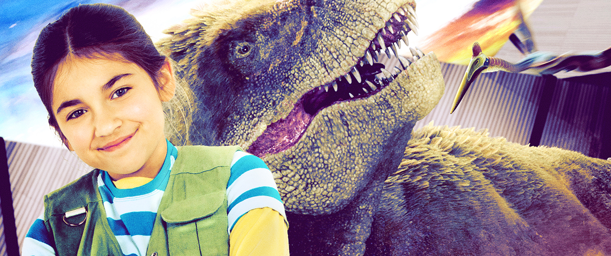 A young girl and a dinosaur