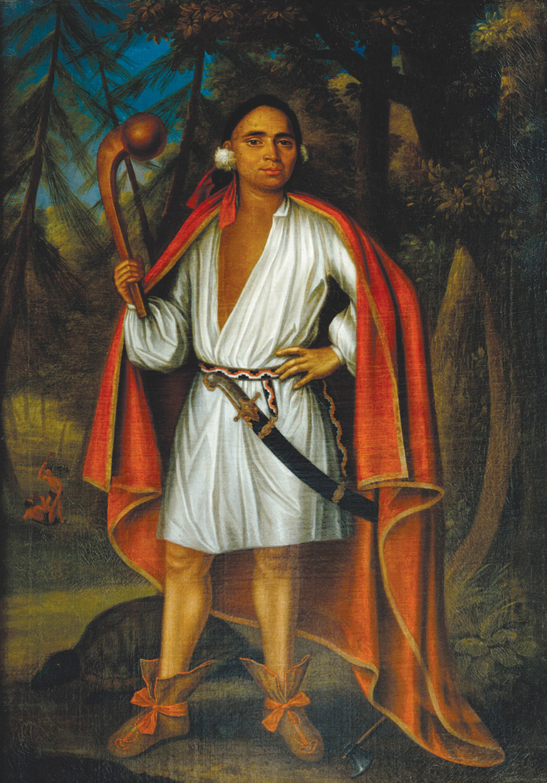 A painting of a man holding a spear displayed in the Canadian Museum of History in Ottawa.