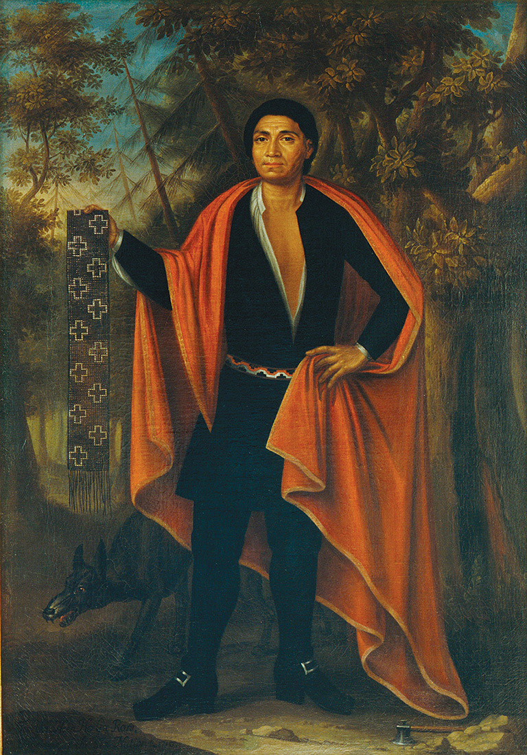 A painting of a man holding a cloak exhibited at the Canadian Museum of History in Ottawa.