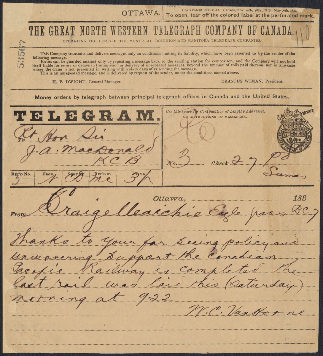 A letter from the Canadian Museum of History in Ottawa, received via the great north telegram company of Canada.