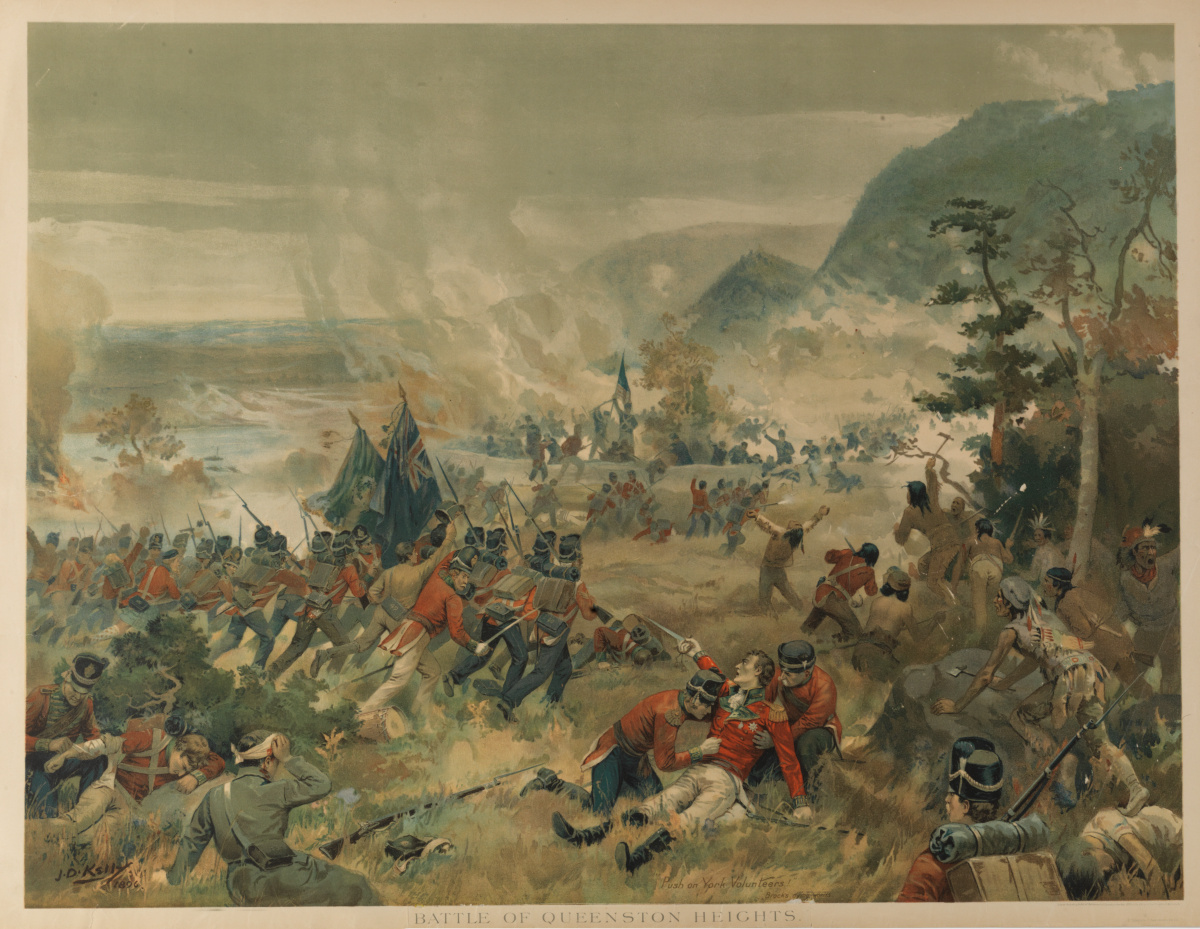 Painting of a chaotic battle scene. In the foreground, a fallen officer gestures with a sword, attended by two soldiers. In the centre, red-coated soldiers advance under a blue ensign flag on distant, blue-coated soldiers flying the American flag. At right, Indigenous warriors emerge from the woods.