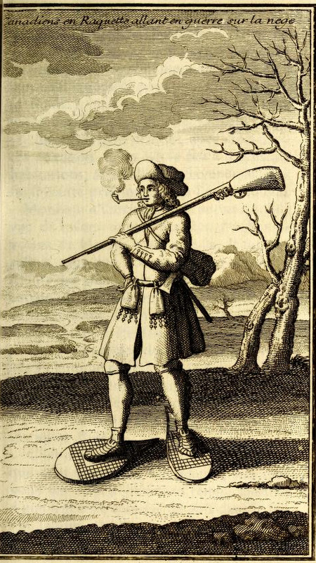 An illustration showing a person wearing a winter coat and hat, smoking a pipe, holding a long rifle over their shoulder, and wearing snowshoes.
