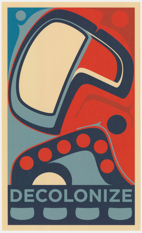 A colourful poster with the word “Decolonize” in all caps beneath stylized shapes in light yellow, dark red, and different shades of blue.