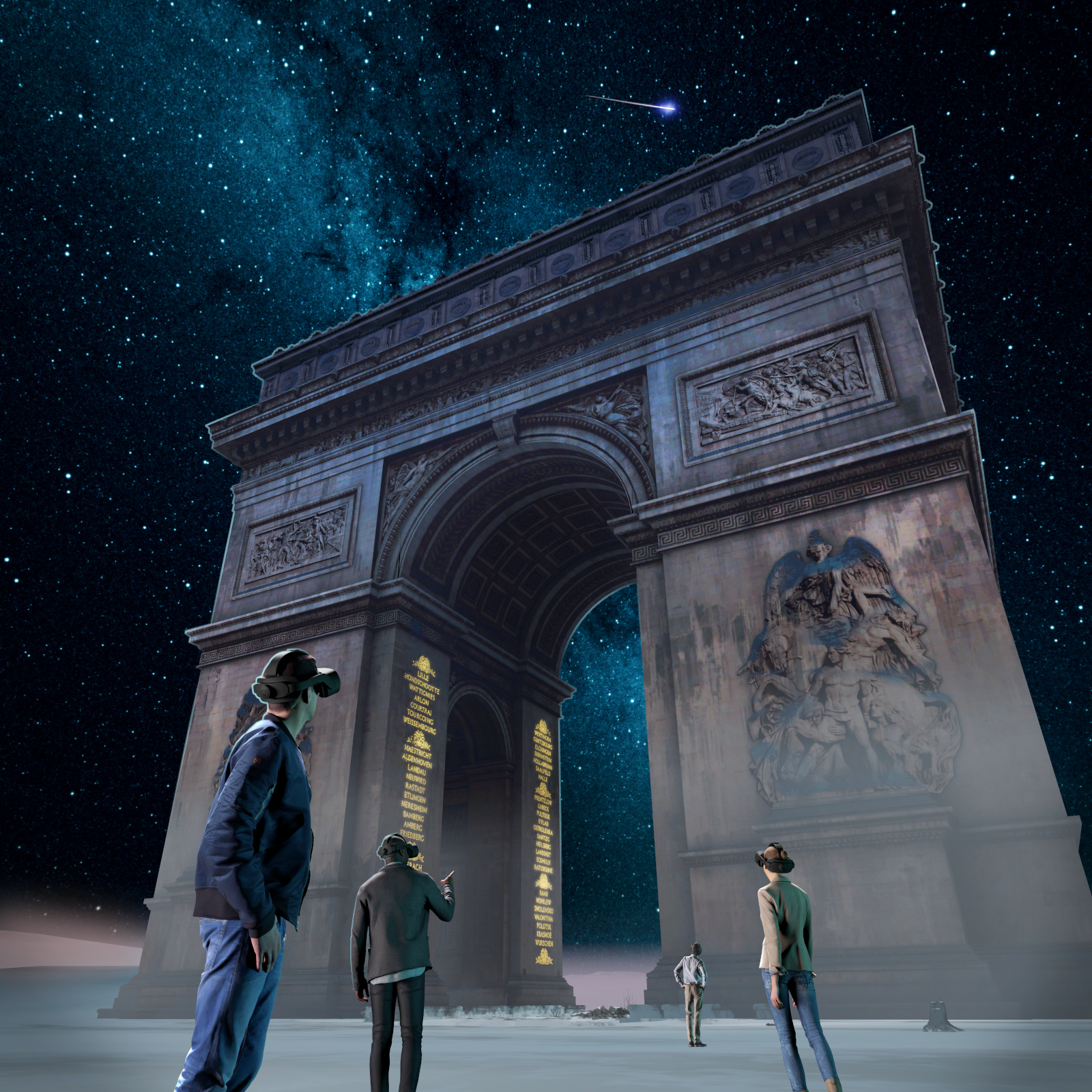 A digital image of a group of people wearing VR headsets, looking at the Arc de Triomphe, which is set against the background of a starry night sky. The names carved on the arch glow yellow.