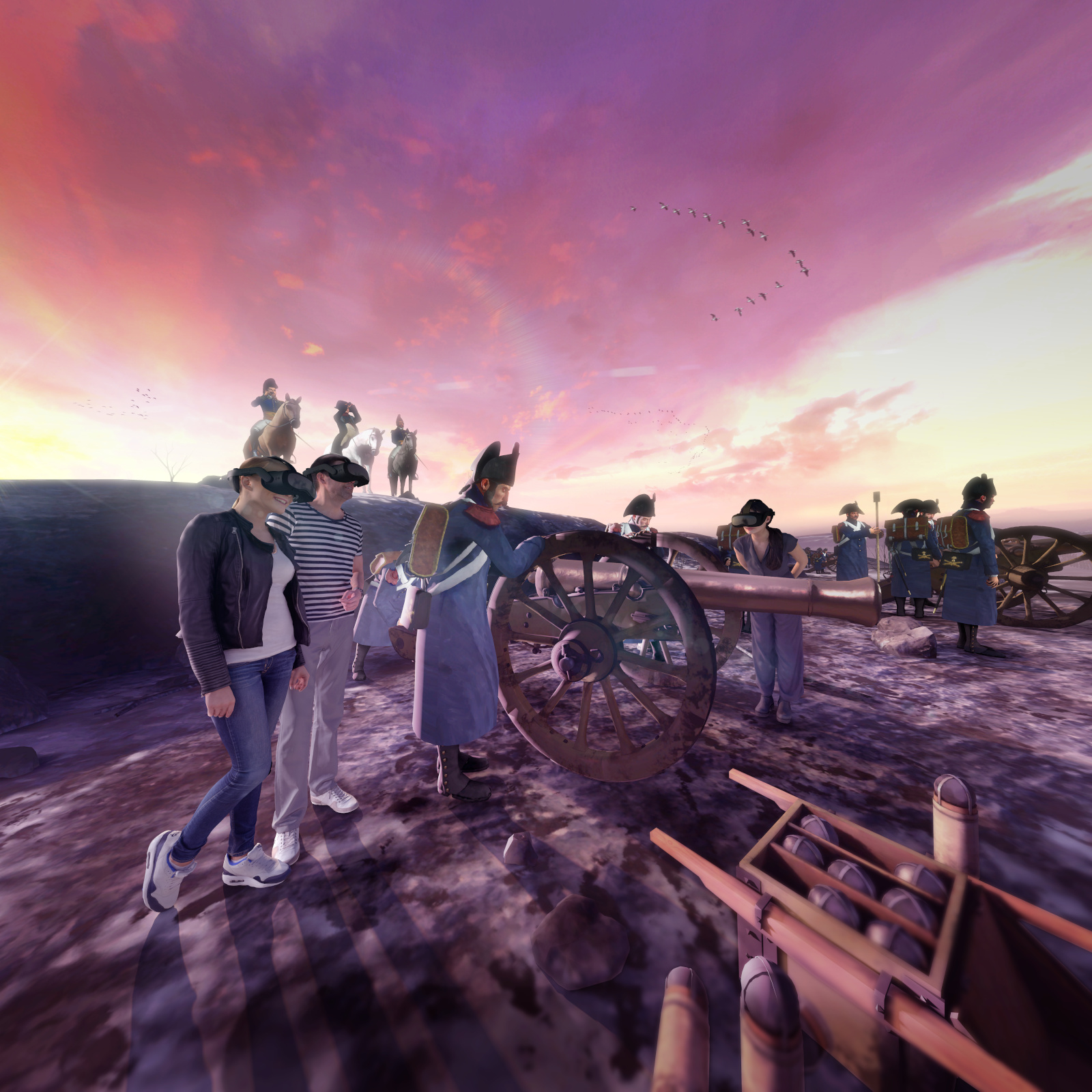 A digital image of three people with modern clothes and VR headsets standing amidst Napoleonic-era soldiers operating cannons on a hillside.