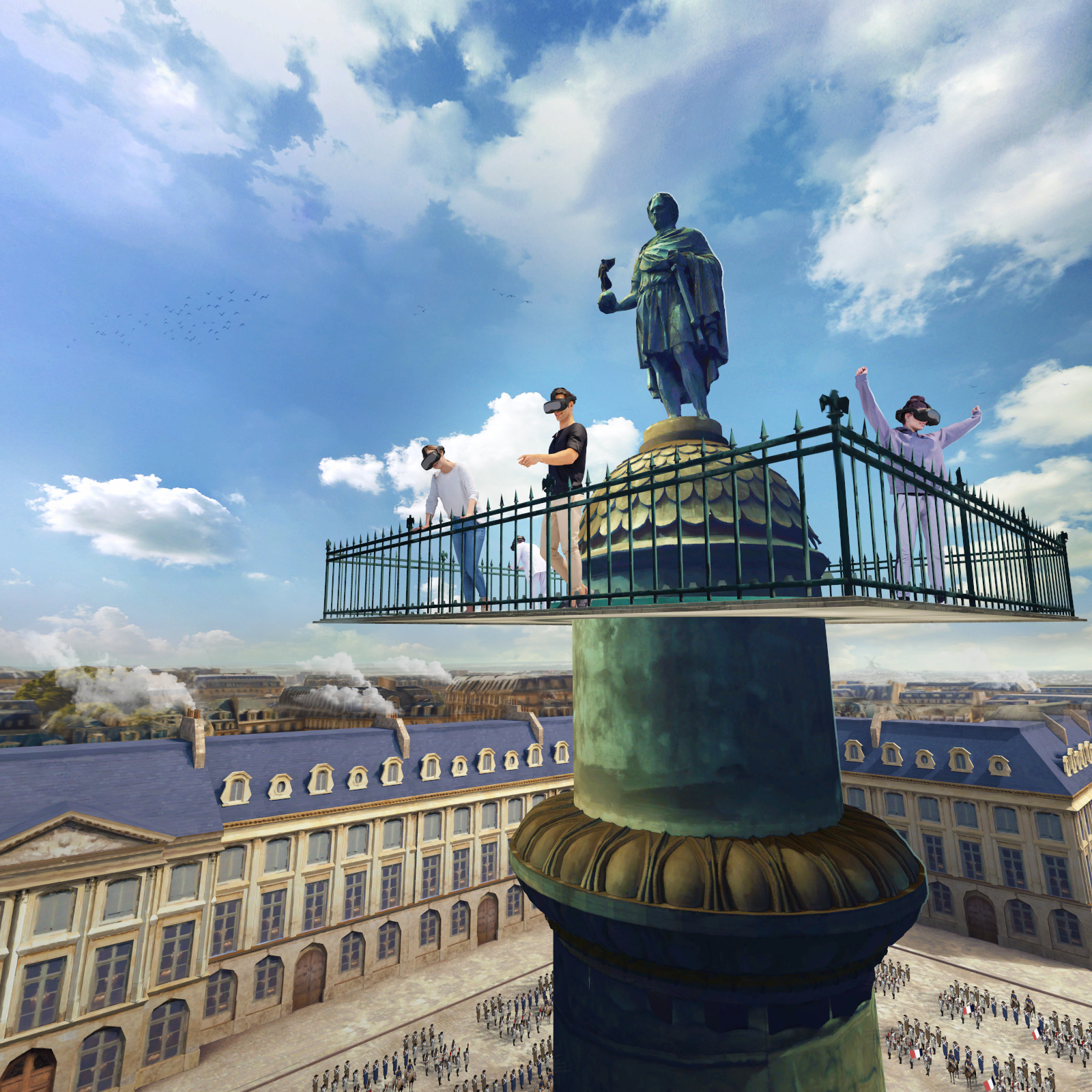A digital image of group of people wearing VR headsets standing on a platform at the top of a large column topped with a statue and overlooking a city square.