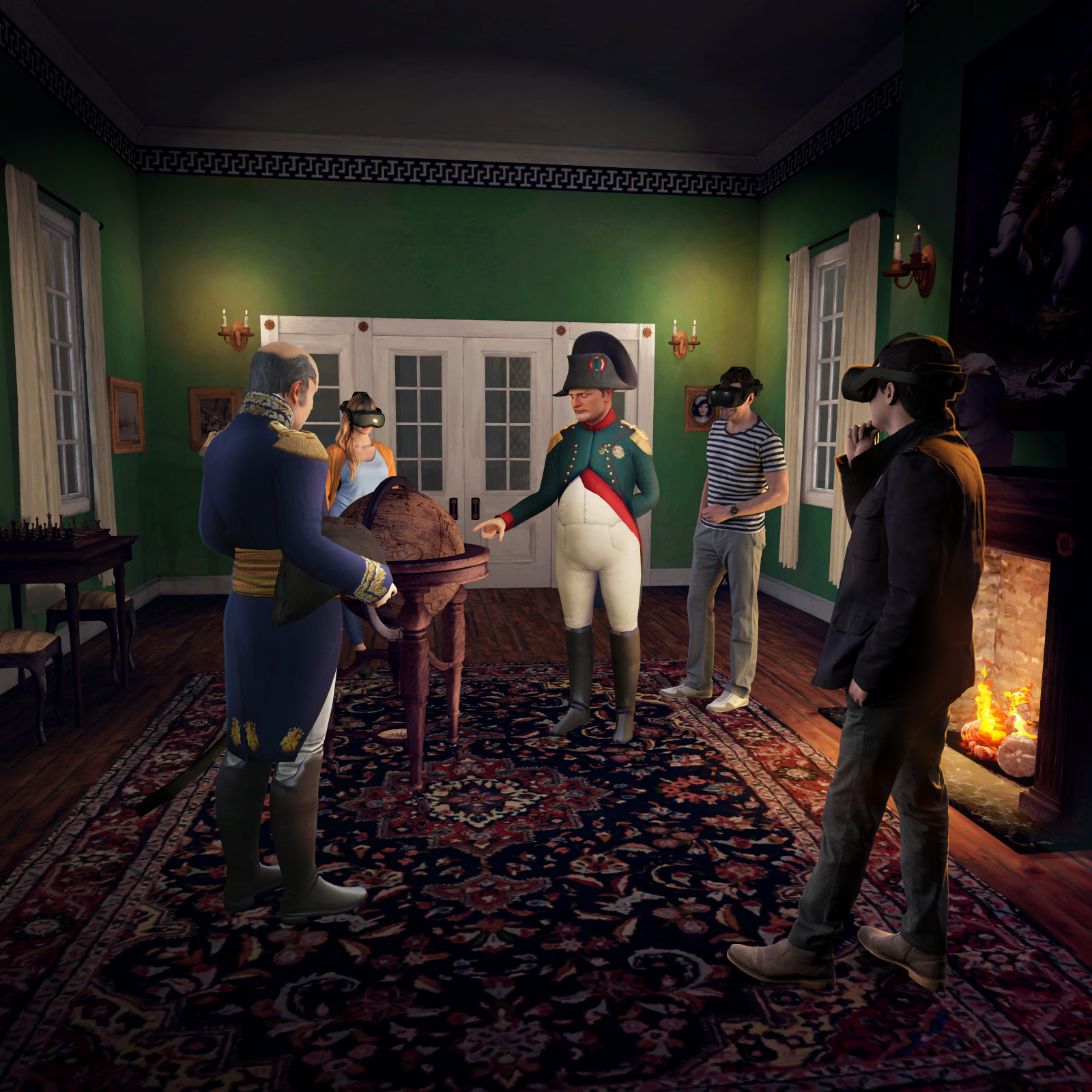 A digital image of Napoleon speaking with a uniformed man and pointing at a globe in a small room lit by a fireplace, as three people in modern clothes and VR headsets look on.