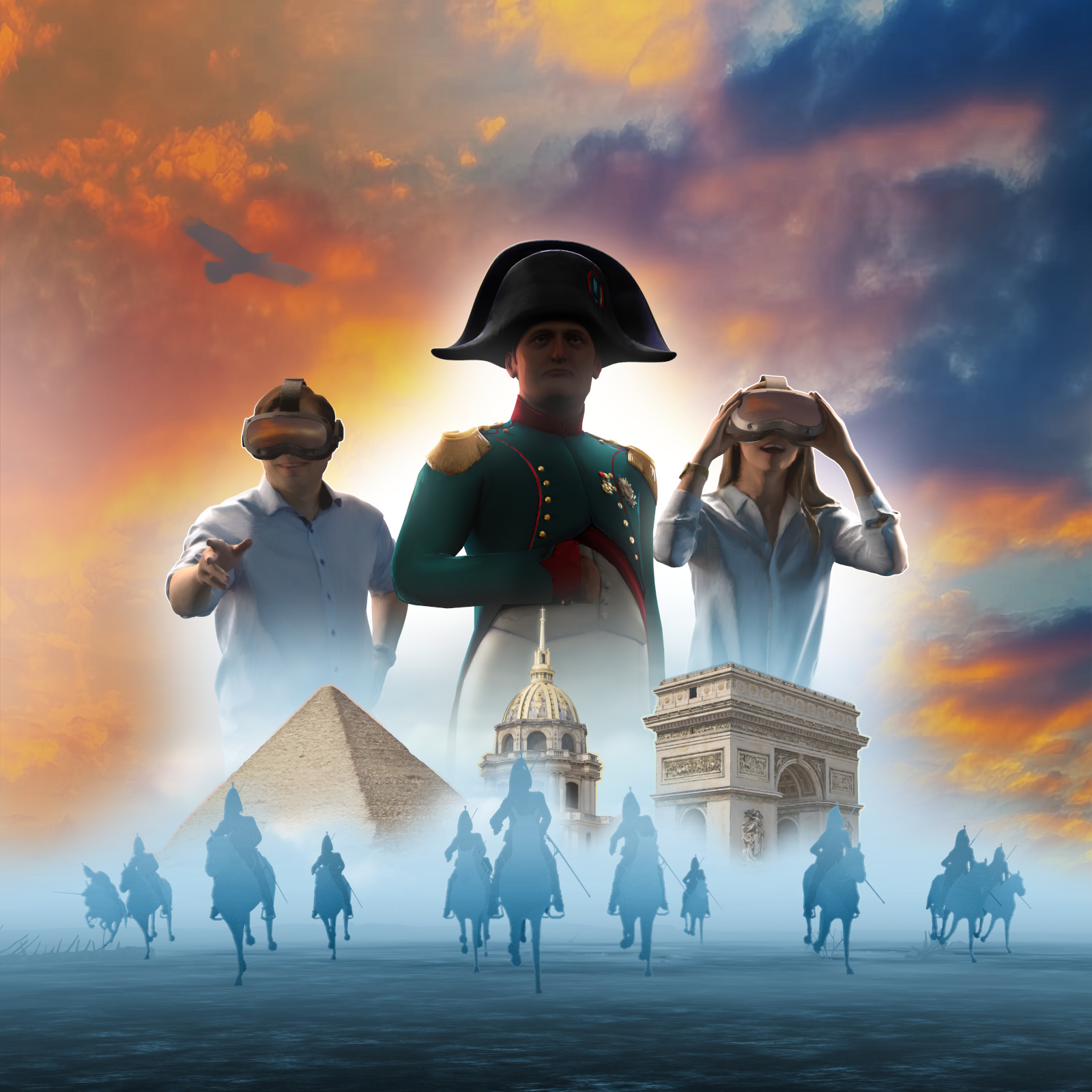 A digital image of Napoleon in a military uniform and two people with modern clothes and VR headsets looming over a stone pyramid; a building with a dome and a spire; and a monumental arch, as a group of horse cavalry charges in the foreground.