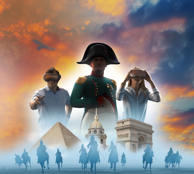 A digital image of Napoleon in a military uniform and two people with modern clothes and VR headsets looming over a stone pyramid; a building with a dome and a spire; and a monumental arch, as a group of horse cavalry charges in the foreground.