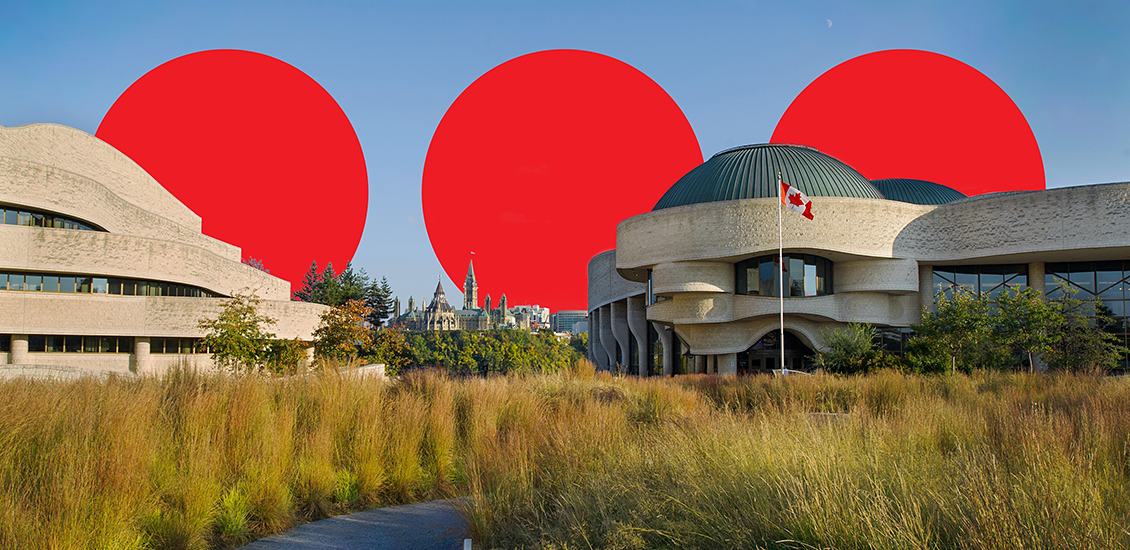 Buildings and three red circles