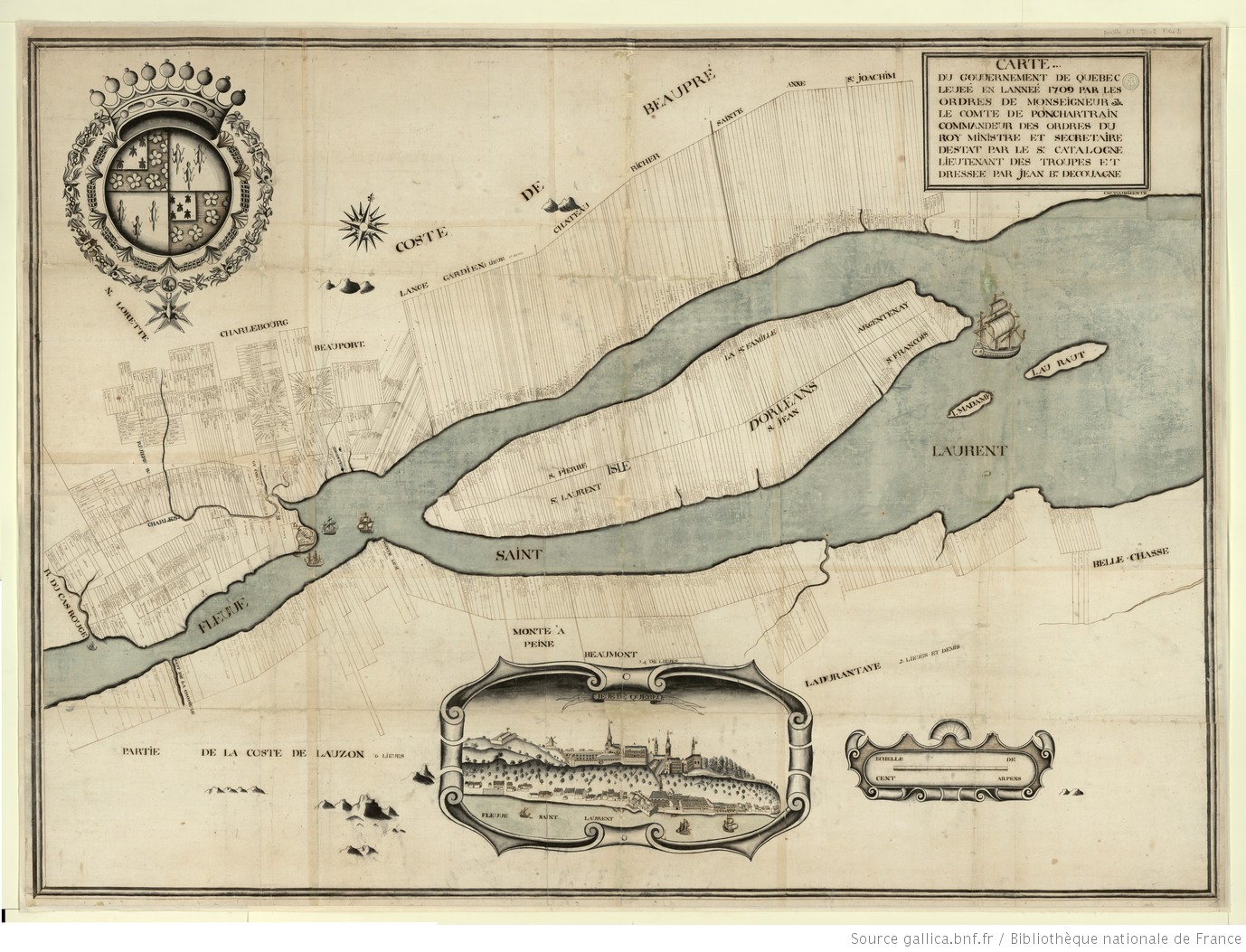 Une ancienne carte de la ville de Québec. De longues lignes parallèles indiquent les propriétés.
