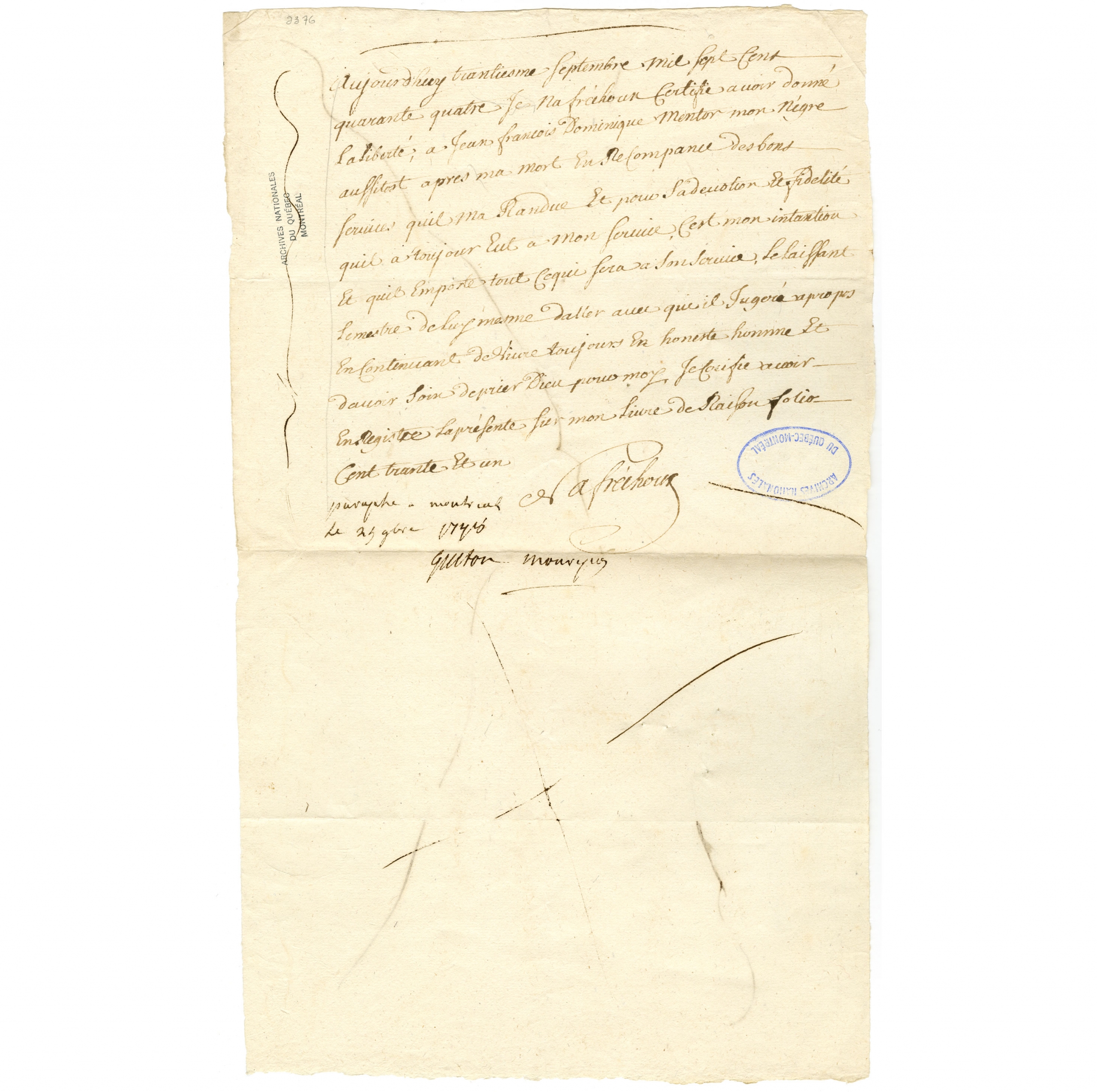 Scanned copy of emancipation records circa 1744