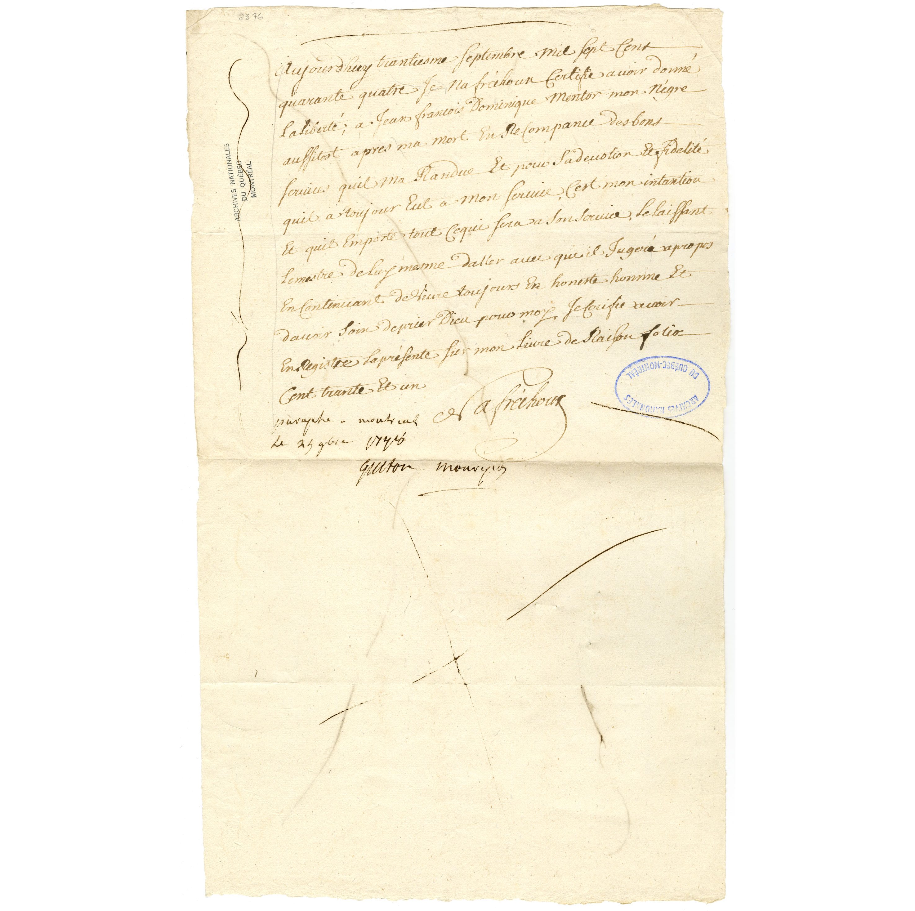 Ancien document avec du texte en français écrit à la main à l’encre noire.