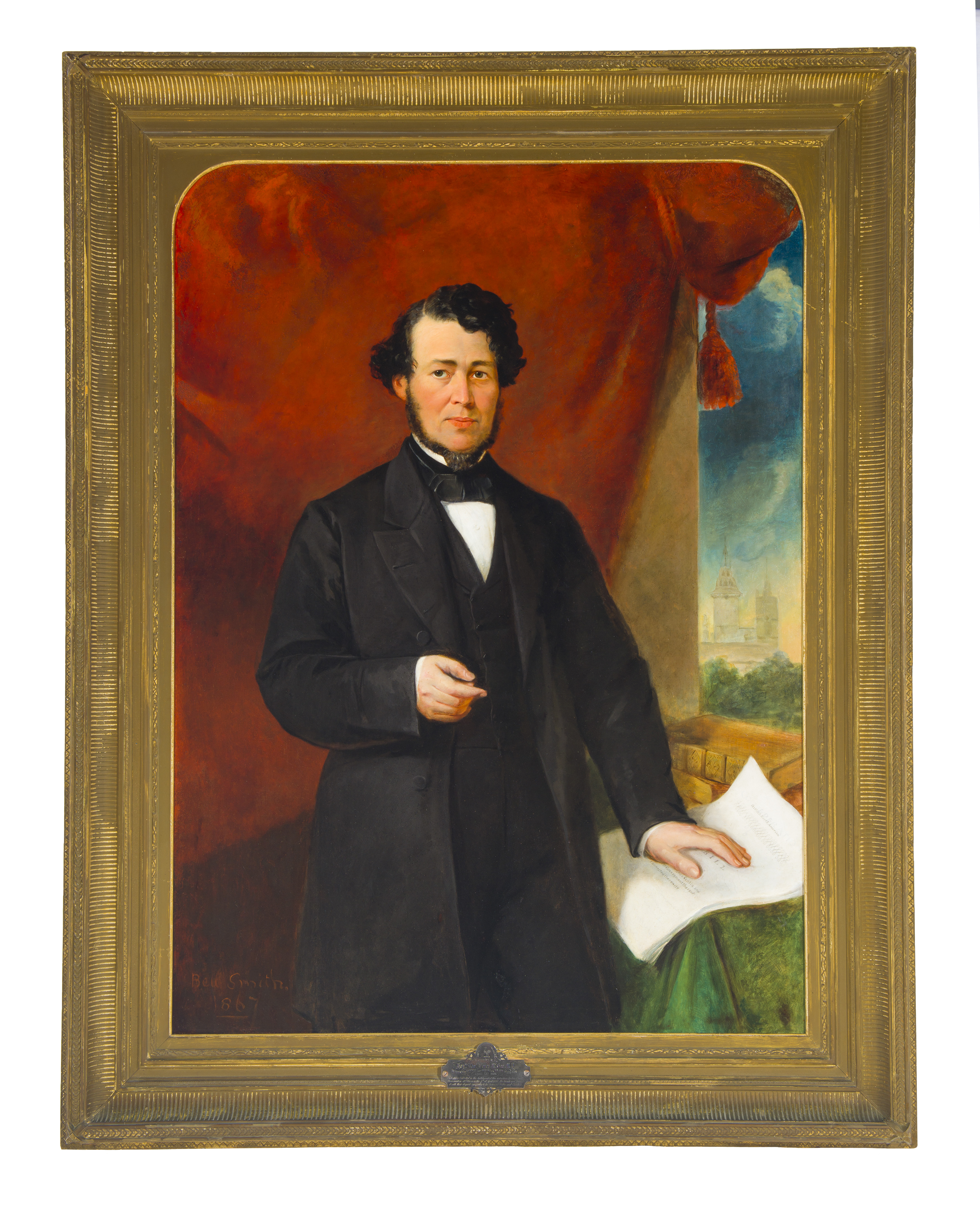 Painted portrait of a man with dark hair wearing a suit.
