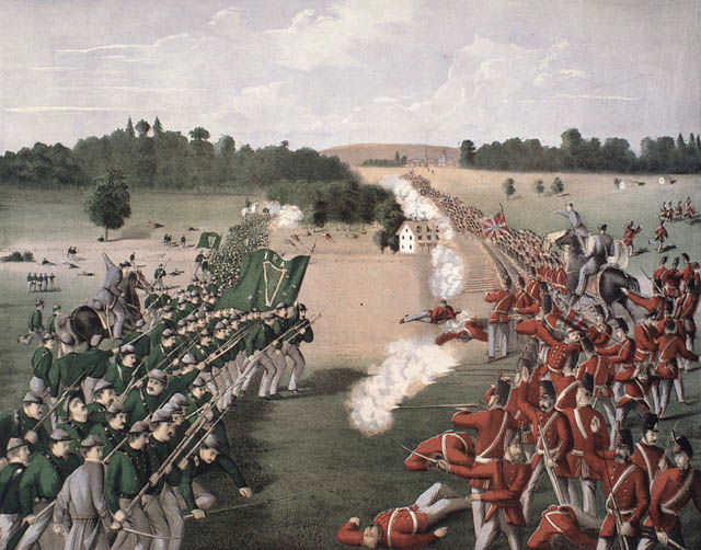 A painting depicting a 19th century battle soldiers on opposing sides are wearing green and red respectively.