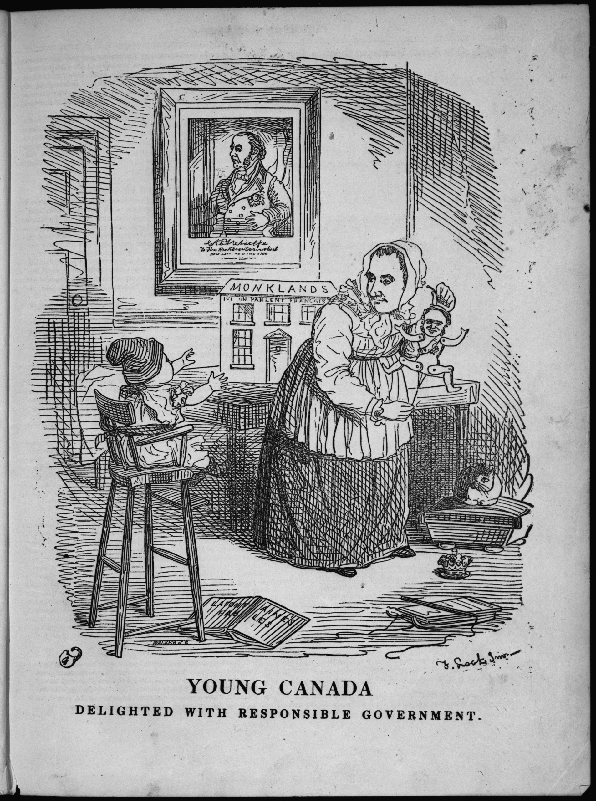 A political cartoon; baby looks at nanny who plays with marionette.