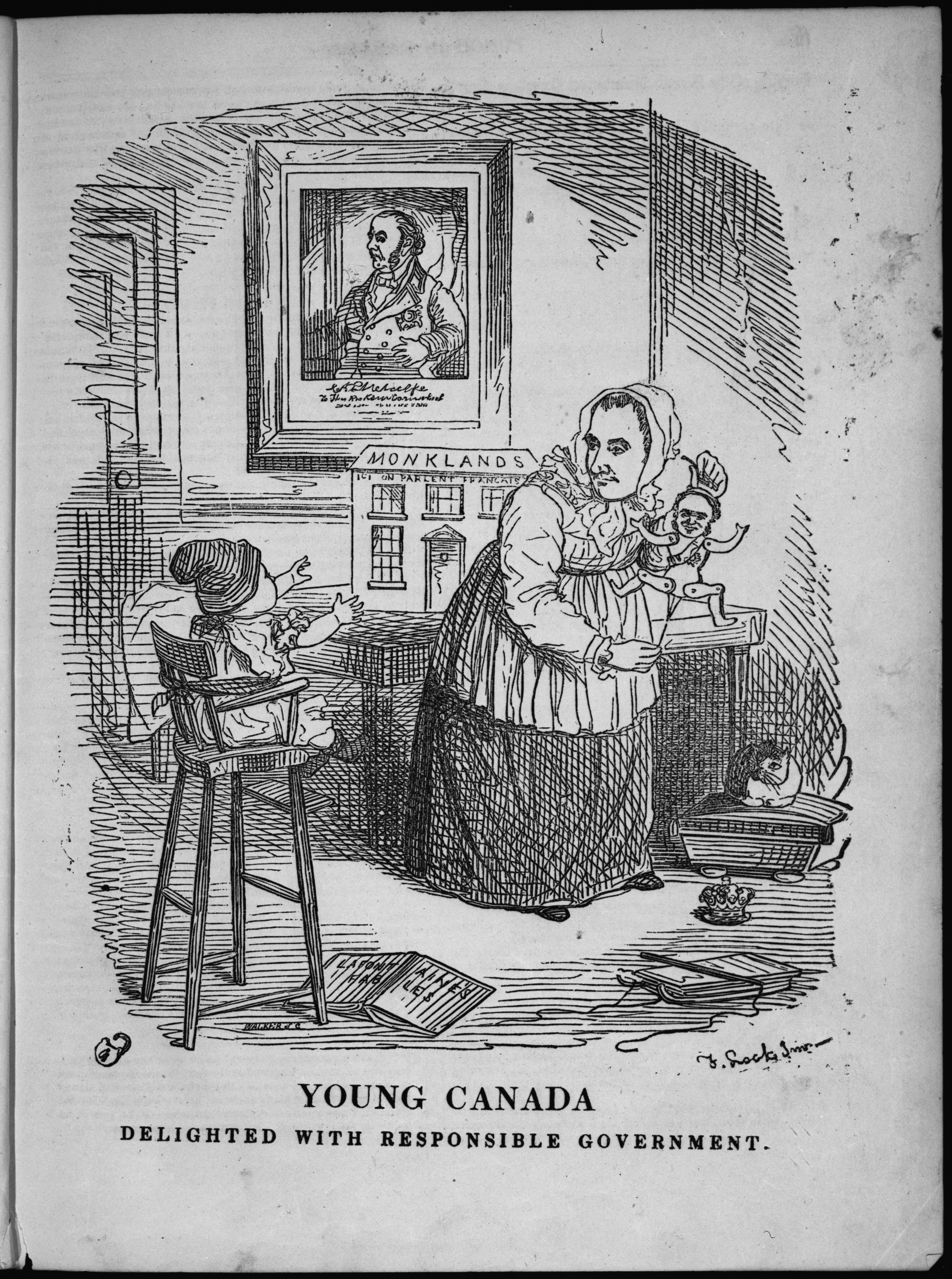 A political cartoon; baby looks at nanny who plays with marionette. 