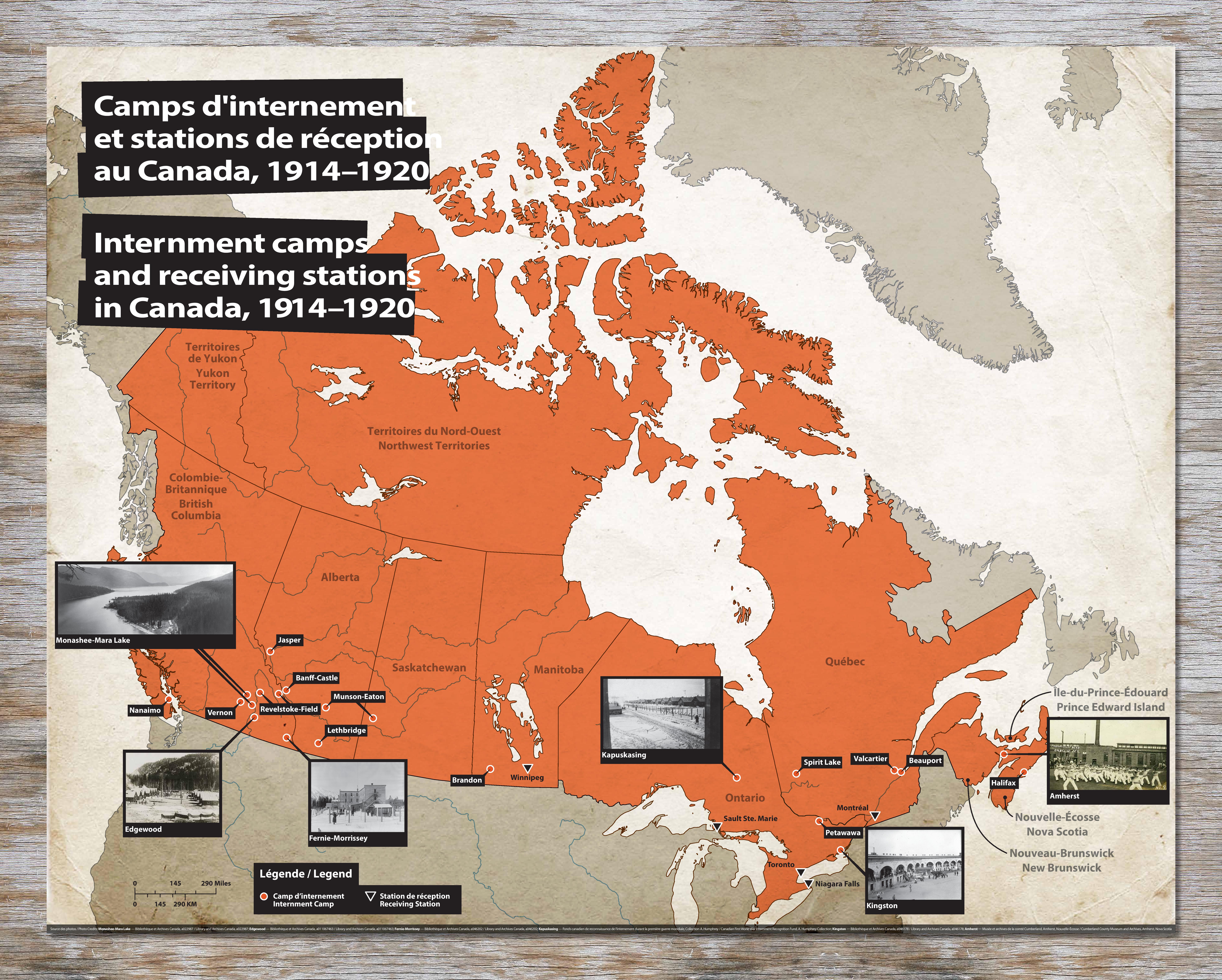 Carte du Canada montrant l’emplacement des camps d’internement pendant la Première Guerre mondiale.//Map of Canada depicting locations of internment camps during the First World War.