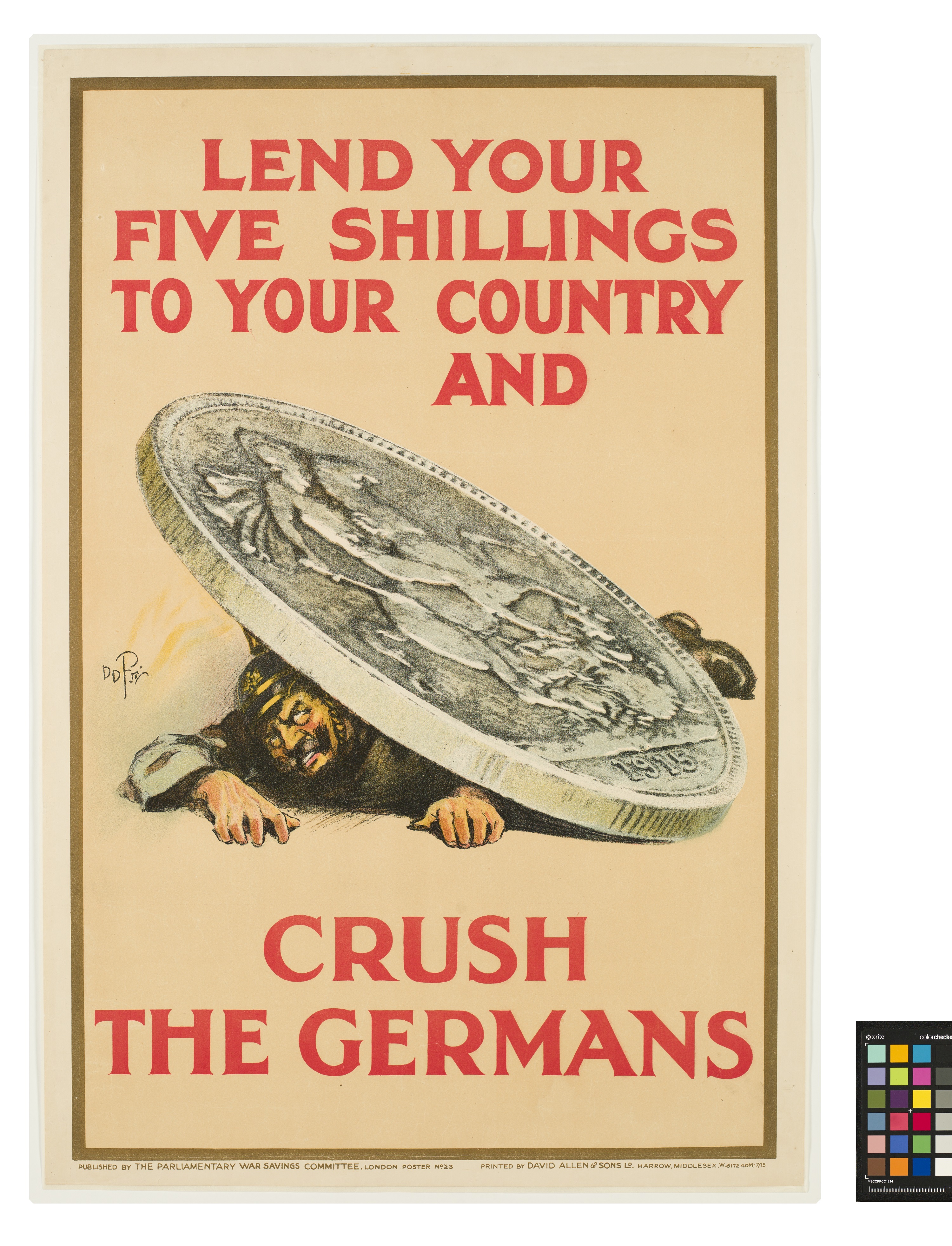 Affiche de propagande dessinée à la main représentant un soldat allemand écrasé sous une large pièce de monnaie.//Hand-drawn propaganda poster with a German soldier being crushed under a large coin.