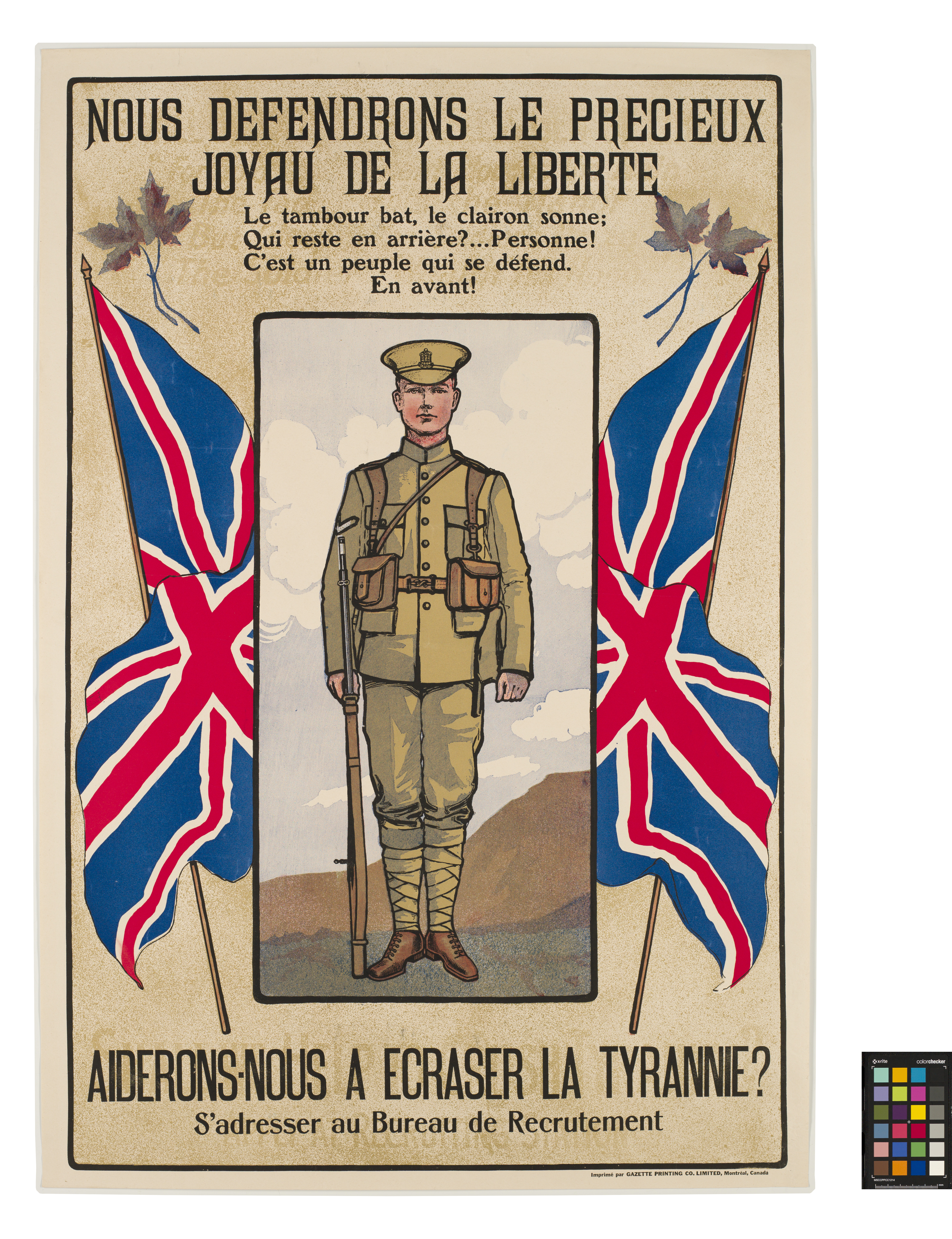Affiche de recrutement dessinée à la main représentant un soldat et deux drapeaux de l’Union Jack.
