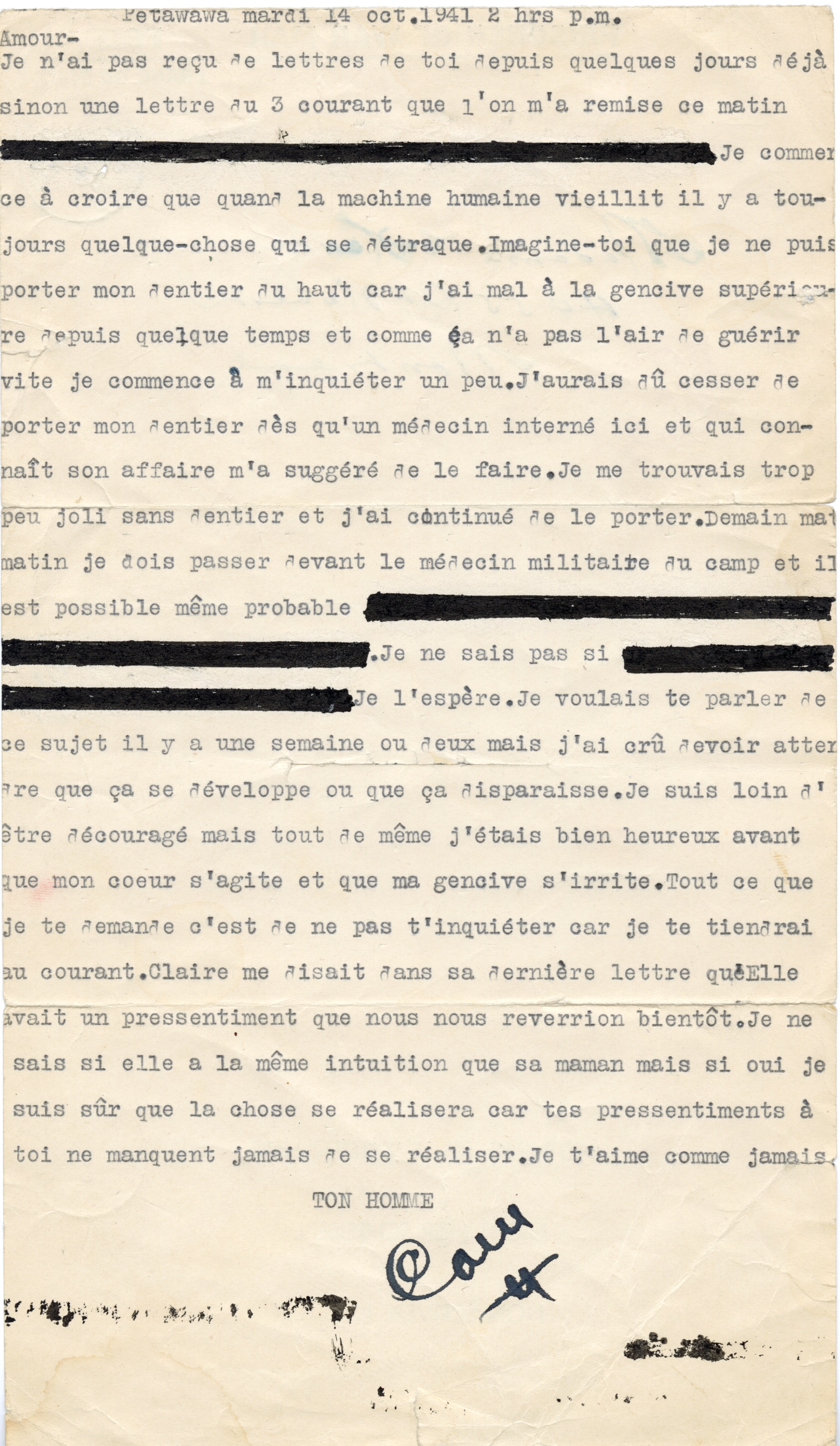 Lettre manuscrite avec des marques de censure noires.//Handwritten letter, with black censor marks.