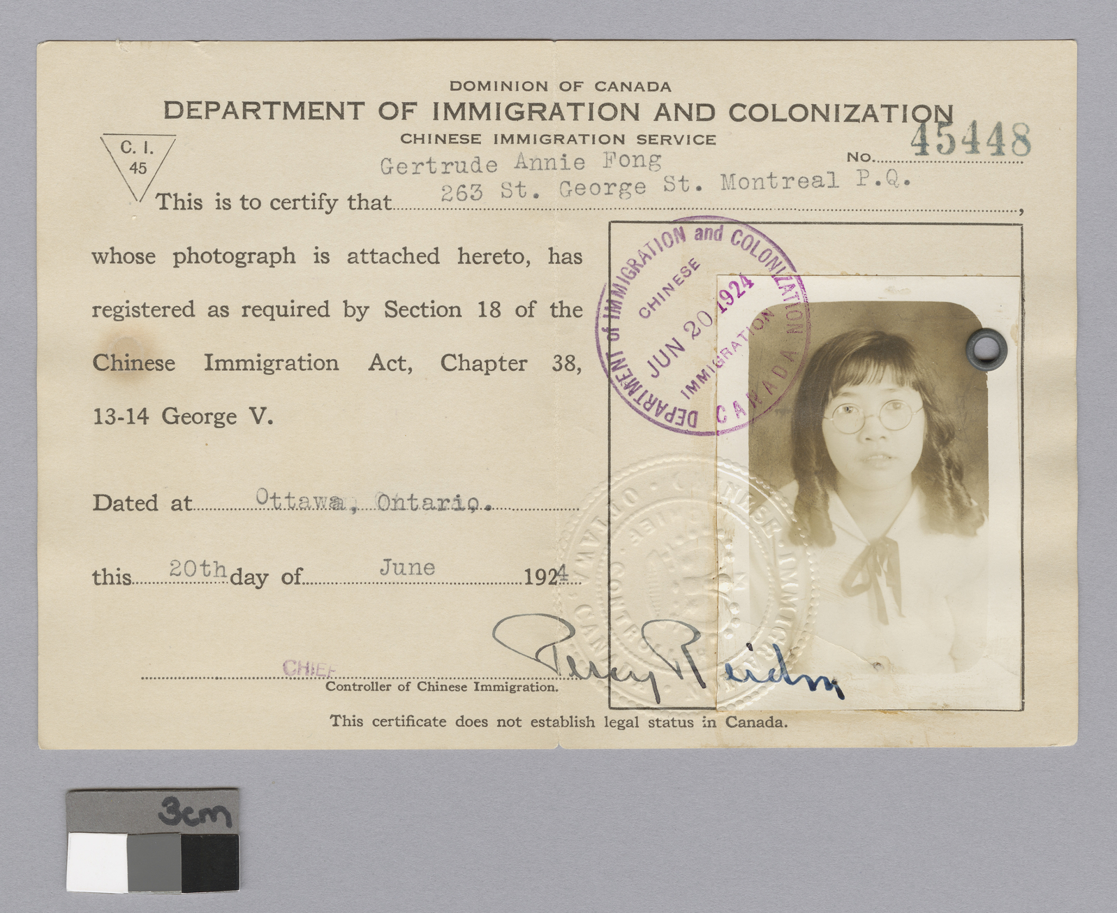 Department of Immigration and Colonization card for Gertrude Fong