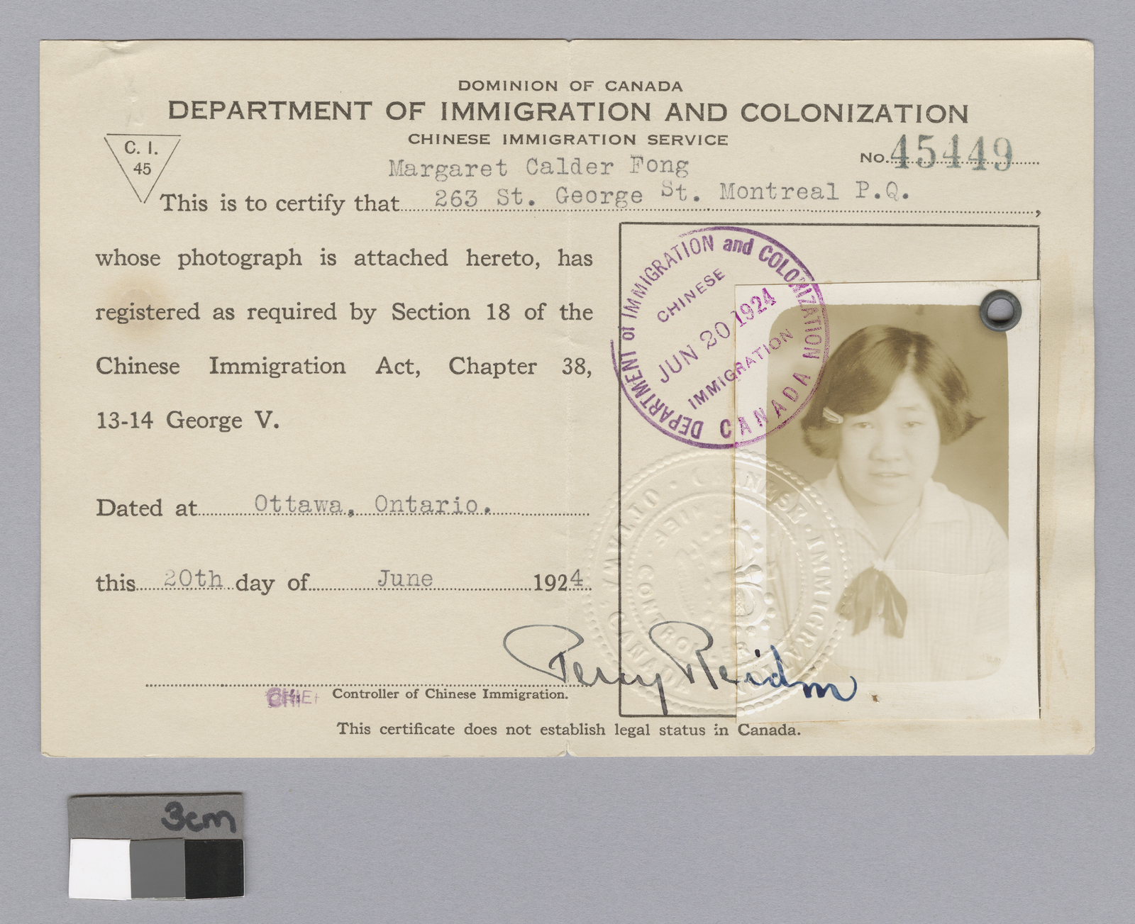 Department of Immigration and Colonization card for Margaret Fong