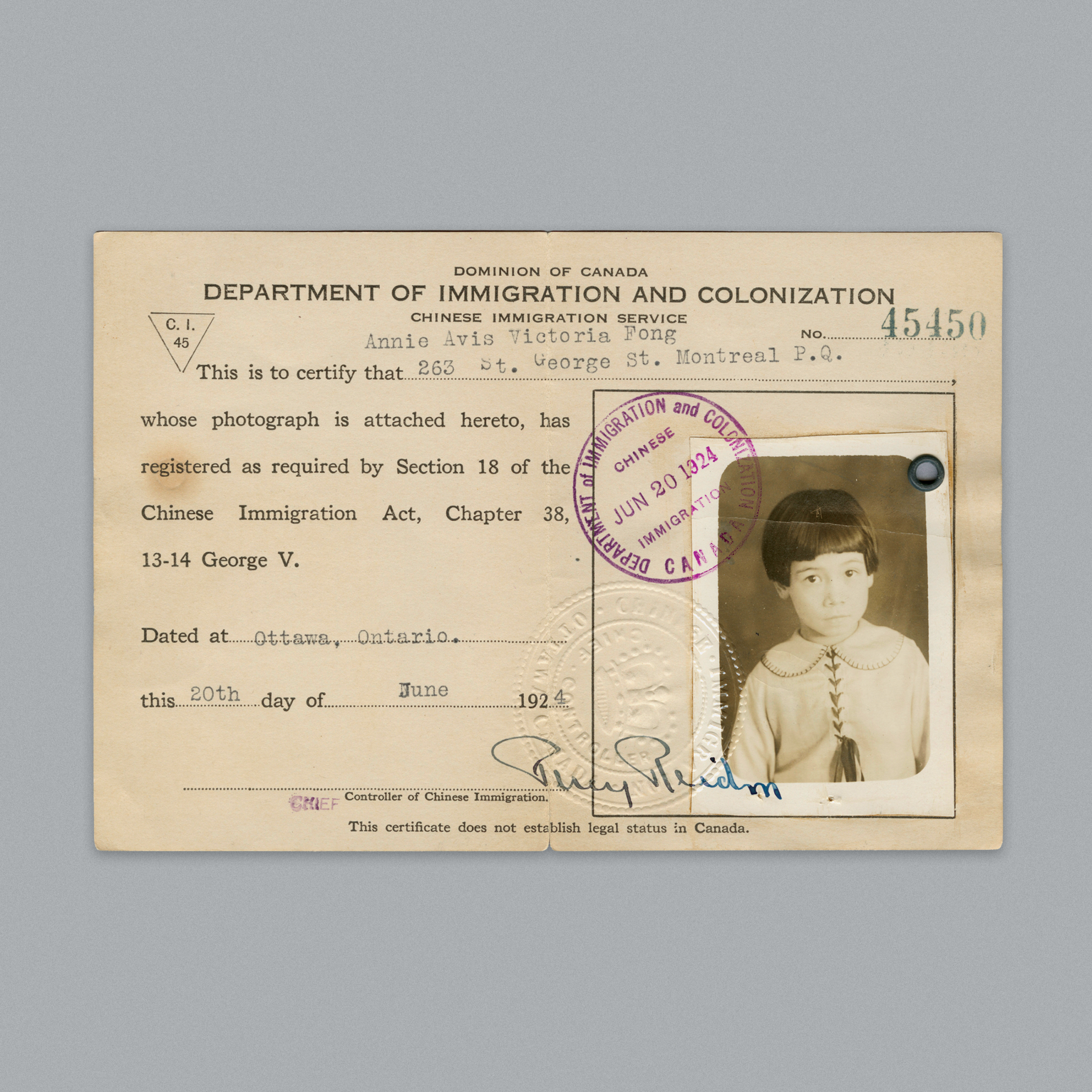 Department of Immigration and Colonization card for Ann Fong
