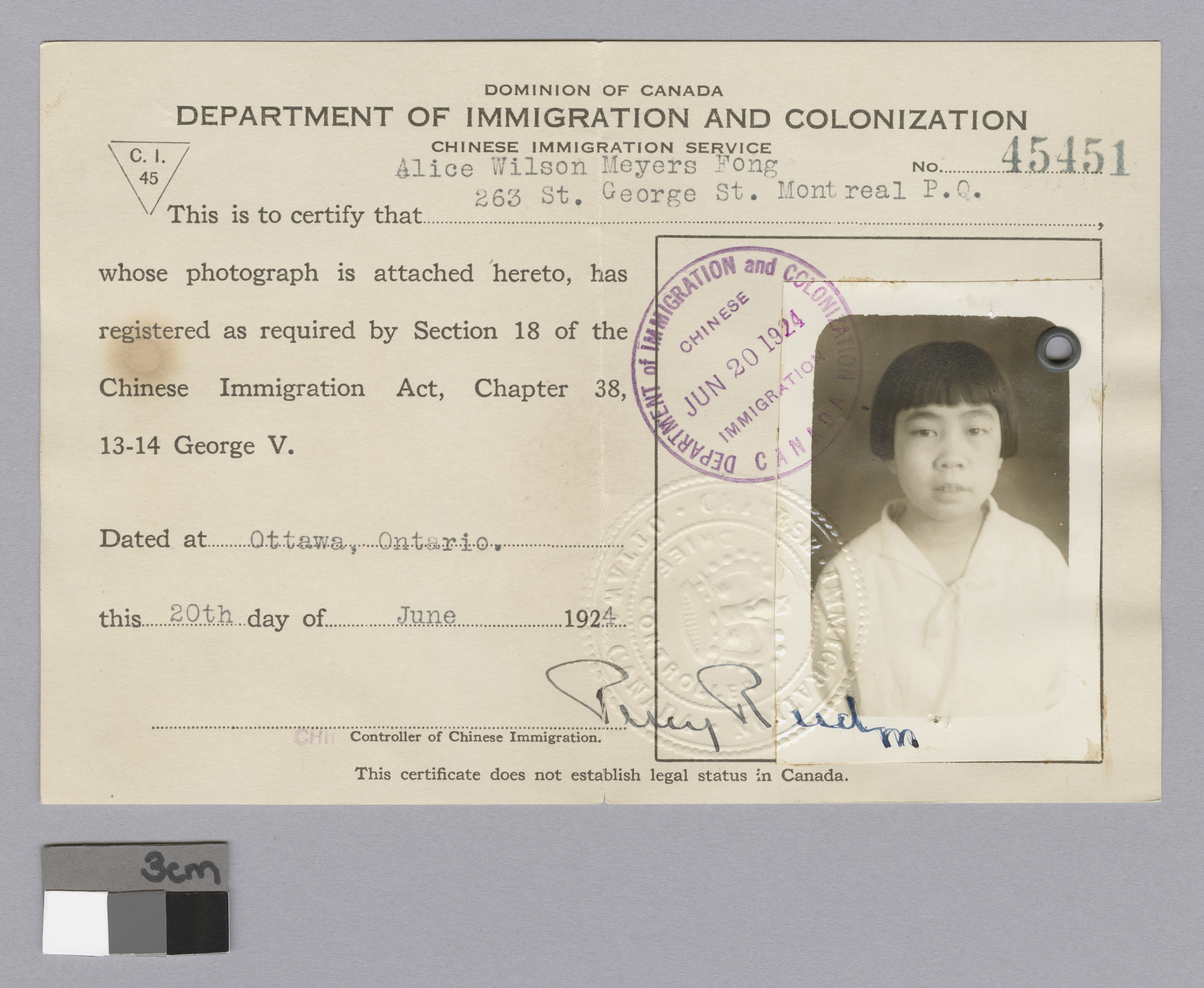 Department of Immigration and Colonization card for Alice Fong