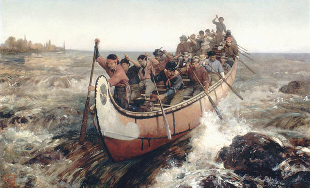 Peinture de voyageurs dans un canot. //Painting of voyageurs in a canoe