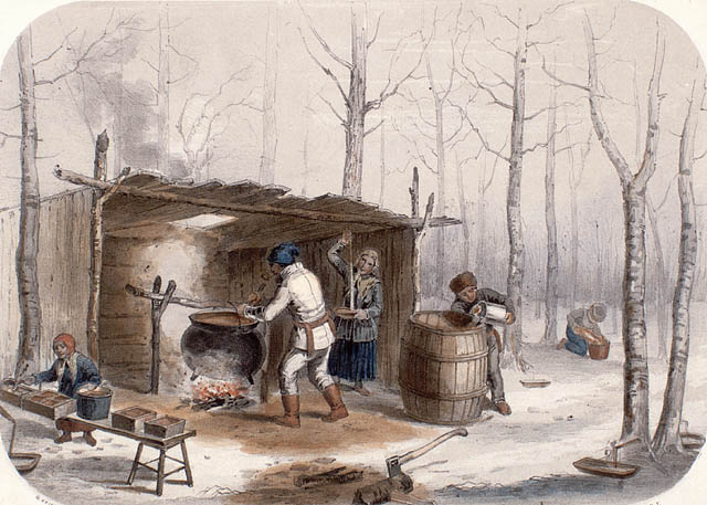 Peinture de personnes fabriquant du sucre d’érable. //Painting of people making maple sugar