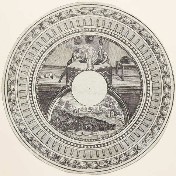 Label illustrating two men making beaver felt hats