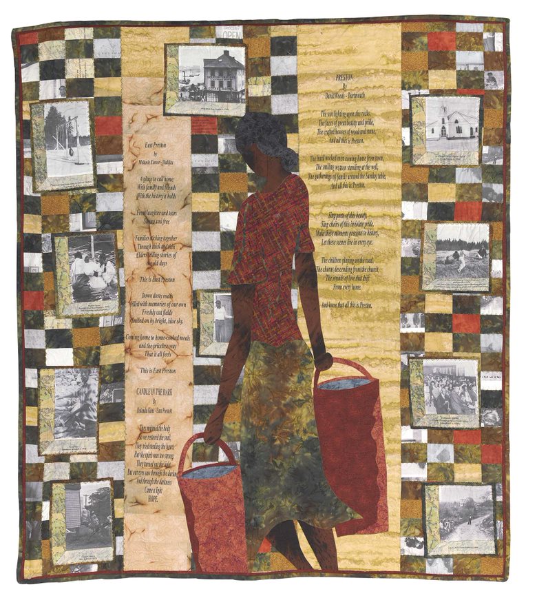 A quilt in browns and greys, featuring photographs and texts from the Preston community. - 