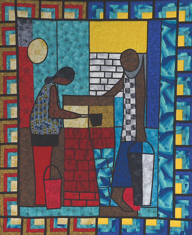 A colourful quilt, featuring two women chatting at a well. - Courtepointe colorée représentant deux femmes discutant autour d’un puits
