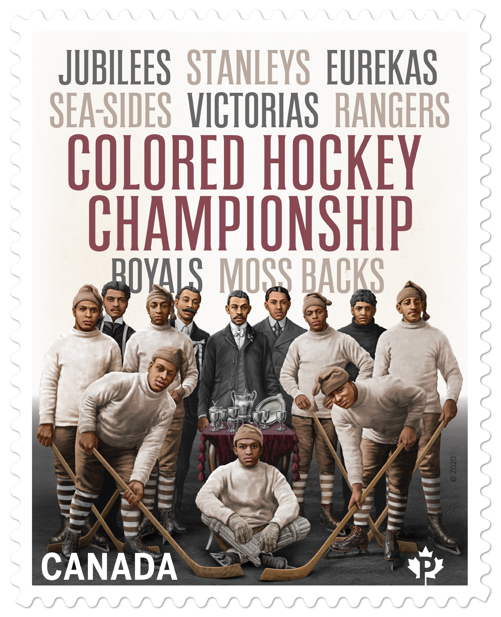 Postage stamp featuring a colour photograph of a Colored Hockey League team, and the names of all teams in the league. - 