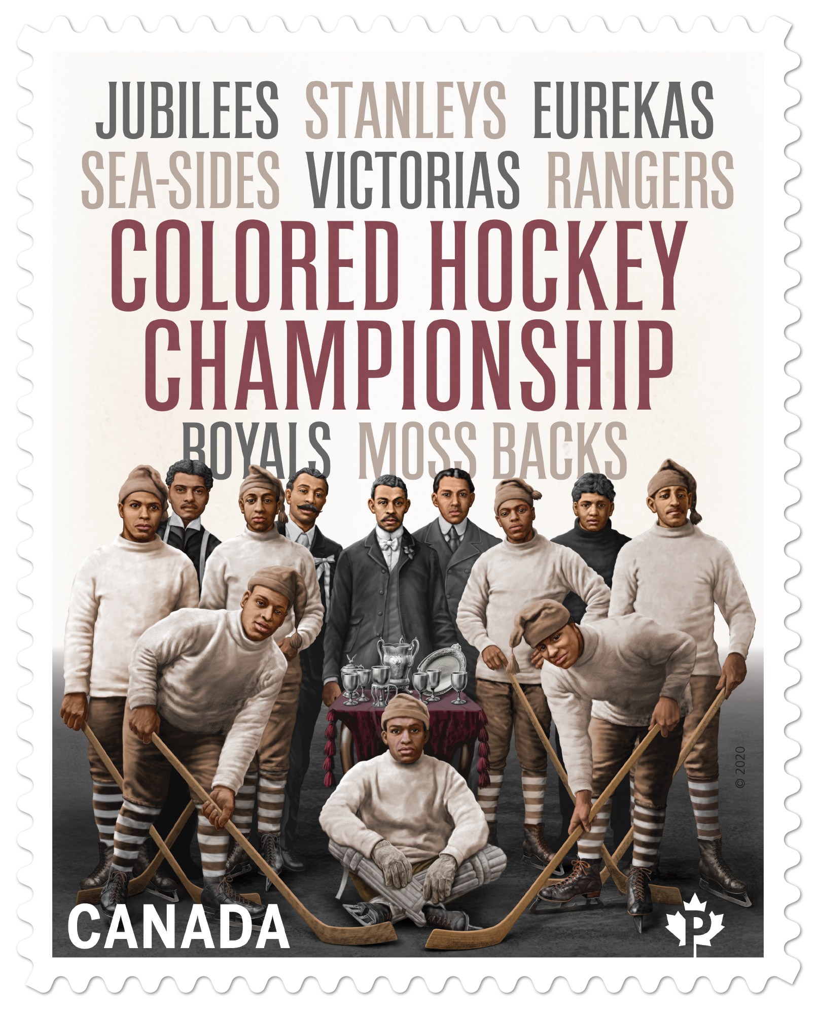 Postage stamp featuring a colour photograph of a Colored Hockey League team, and the names of all teams in the league. - Timbre-poste présentant une photographie en couleur d’une équipe de la Colored Hockey League of the Maritimes, ainsi que les noms de toutes les équipes de la ligue.