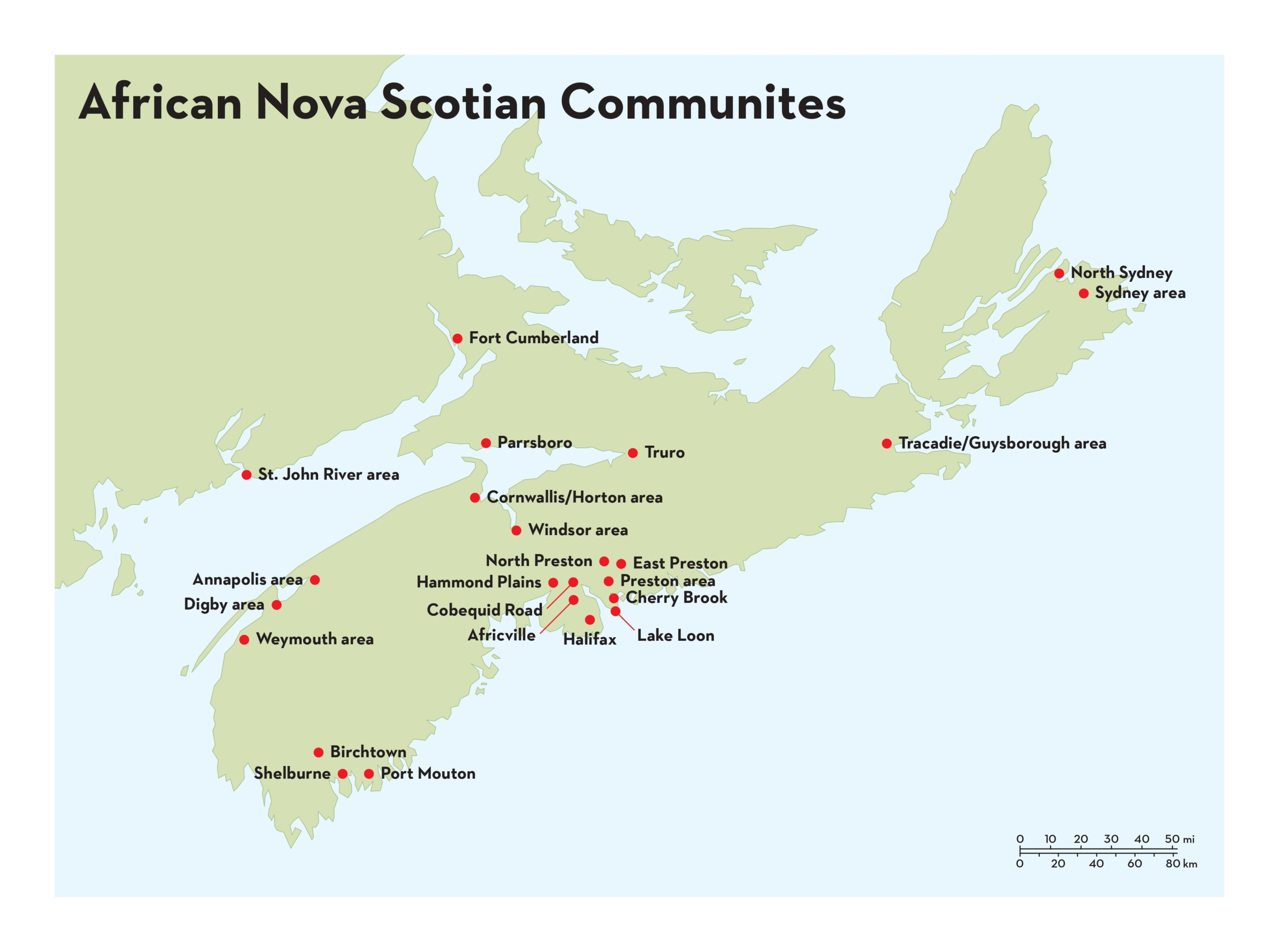 A map of Nova Scotia showing African Nova Scotian communities. Une carte de la Nouvelle-Écosse montrant les communautés afro-néo-écossaises