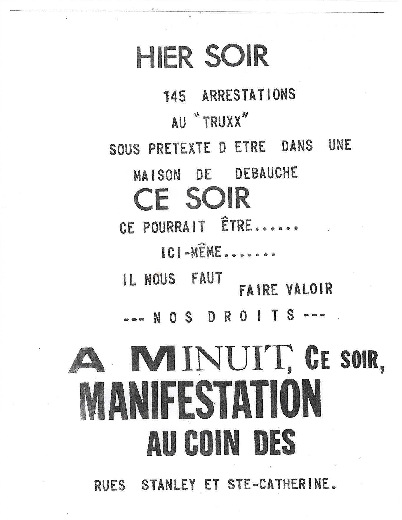 Affiche en noir et blanc avec texte en français. Black-and-white poster with French text.